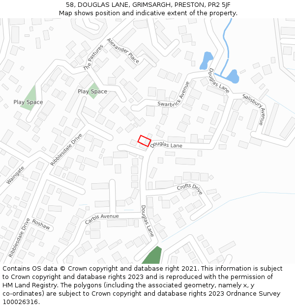 58, DOUGLAS LANE, GRIMSARGH, PRESTON, PR2 5JF: Location map and indicative extent of plot