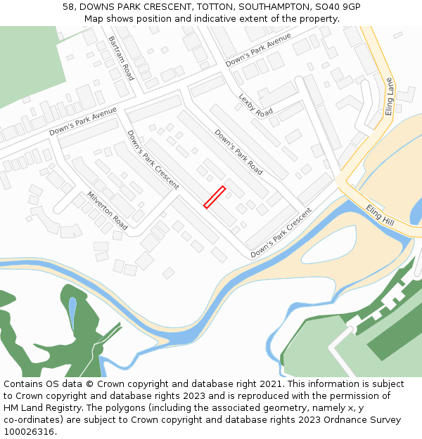 58, DOWNS PARK CRESCENT, TOTTON, SOUTHAMPTON, SO40 9GP: Location map and indicative extent of plot