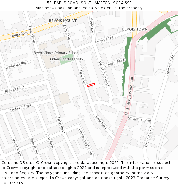 58, EARLS ROAD, SOUTHAMPTON, SO14 6SF: Location map and indicative extent of plot