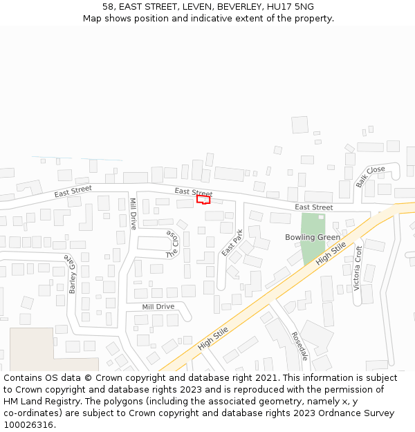 58, EAST STREET, LEVEN, BEVERLEY, HU17 5NG: Location map and indicative extent of plot