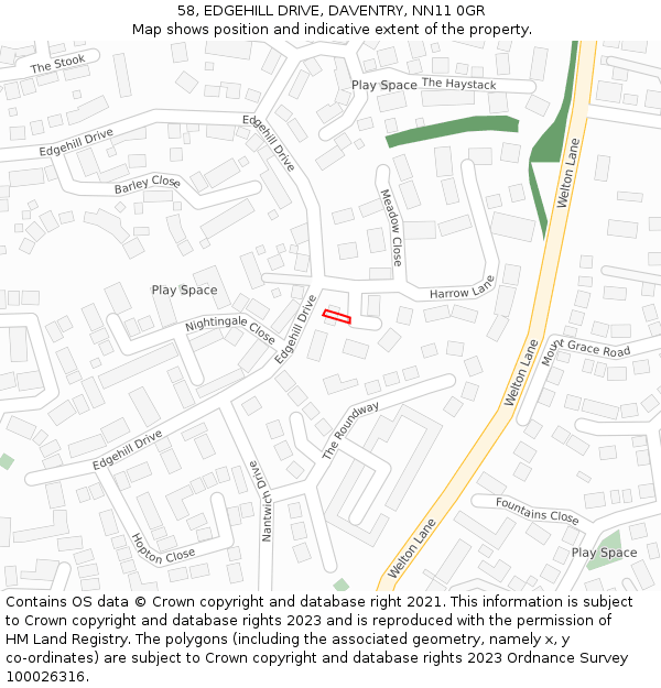 58, EDGEHILL DRIVE, DAVENTRY, NN11 0GR: Location map and indicative extent of plot