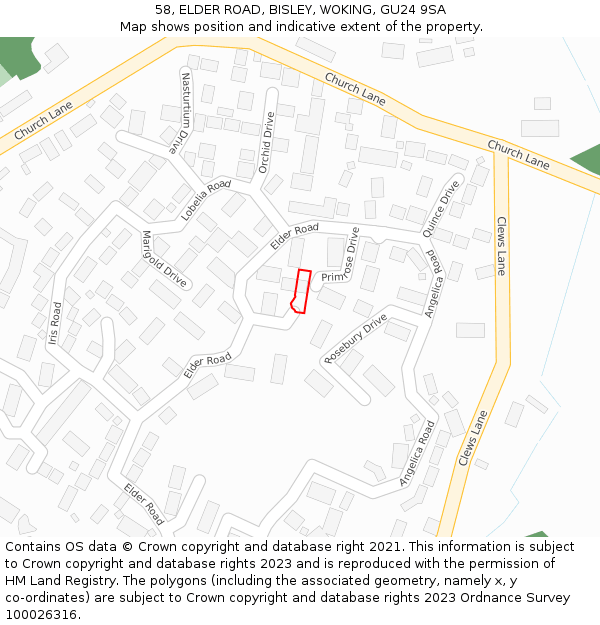 58, ELDER ROAD, BISLEY, WOKING, GU24 9SA: Location map and indicative extent of plot