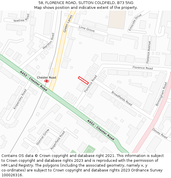 58, FLORENCE ROAD, SUTTON COLDFIELD, B73 5NG: Location map and indicative extent of plot