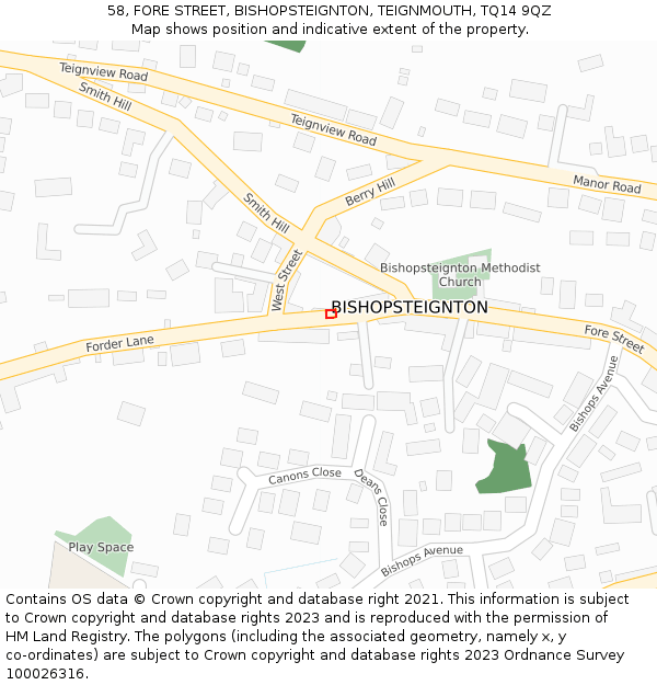 58, FORE STREET, BISHOPSTEIGNTON, TEIGNMOUTH, TQ14 9QZ: Location map and indicative extent of plot