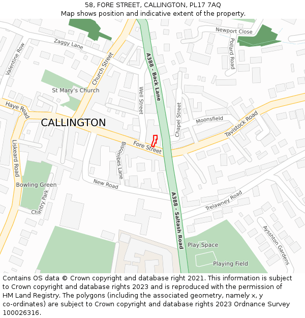 58, FORE STREET, CALLINGTON, PL17 7AQ: Location map and indicative extent of plot