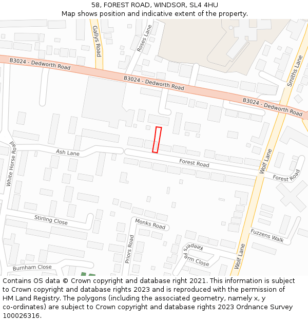 58, FOREST ROAD, WINDSOR, SL4 4HU: Location map and indicative extent of plot