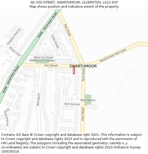 58, FOX STREET, SWARTHMOOR, ULVERSTON, LA12 0HT: Location map and indicative extent of plot