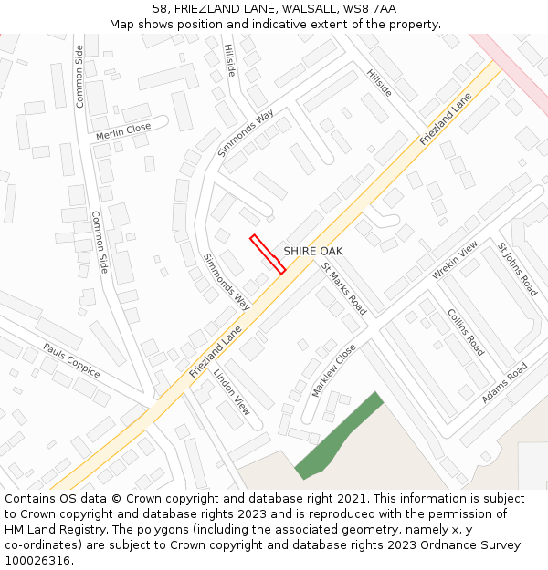 58, FRIEZLAND LANE, WALSALL, WS8 7AA: Location map and indicative extent of plot