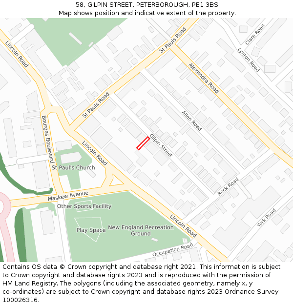 58, GILPIN STREET, PETERBOROUGH, PE1 3BS: Location map and indicative extent of plot
