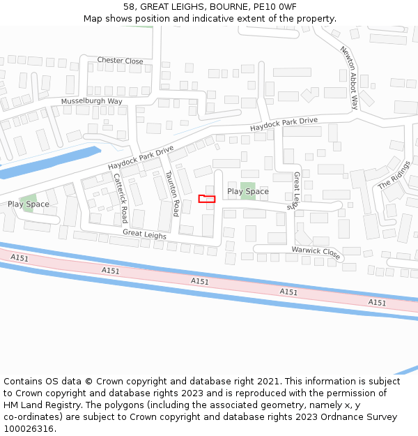 58, GREAT LEIGHS, BOURNE, PE10 0WF: Location map and indicative extent of plot