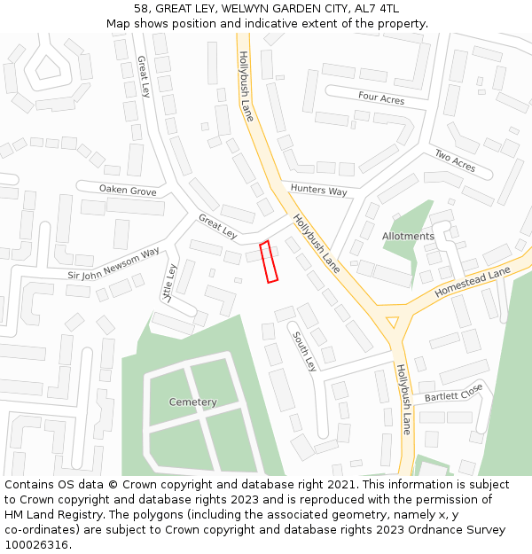 58, GREAT LEY, WELWYN GARDEN CITY, AL7 4TL: Location map and indicative extent of plot