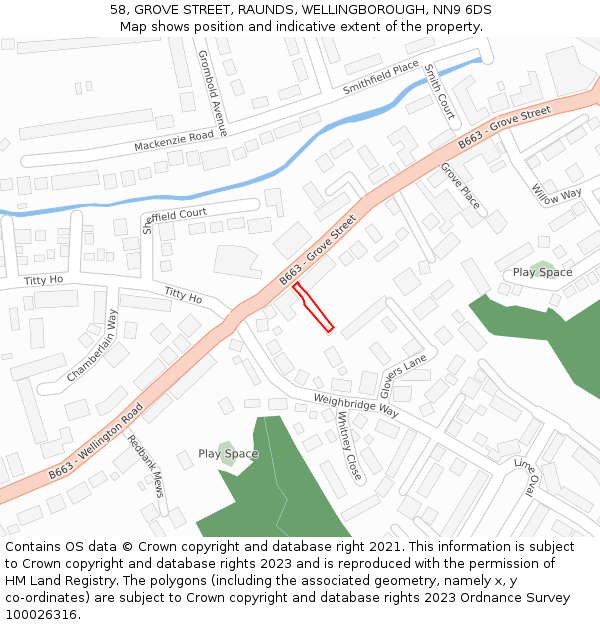 58, GROVE STREET, RAUNDS, WELLINGBOROUGH, NN9 6DS: Location map and indicative extent of plot