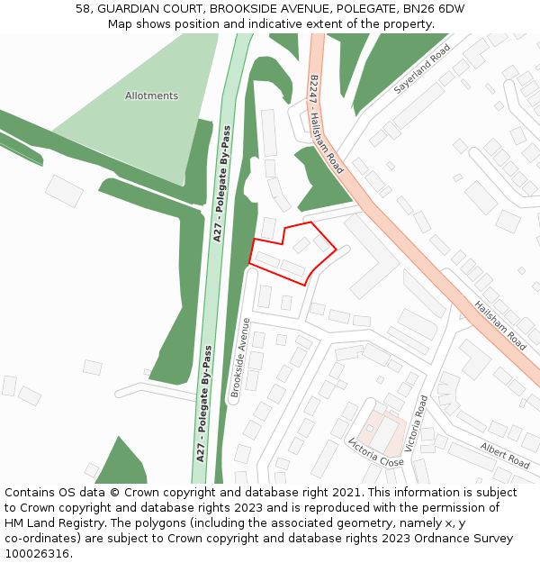 58, GUARDIAN COURT, BROOKSIDE AVENUE, POLEGATE, BN26 6DW: Location map and indicative extent of plot