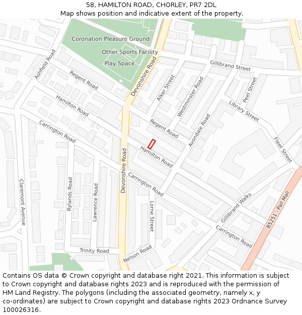 58, HAMILTON ROAD, CHORLEY, PR7 2DL: Location map and indicative extent of plot