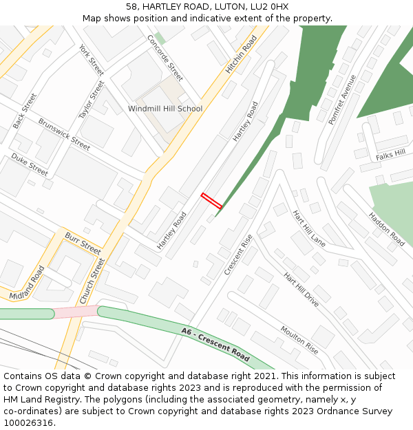 58, HARTLEY ROAD, LUTON, LU2 0HX: Location map and indicative extent of plot
