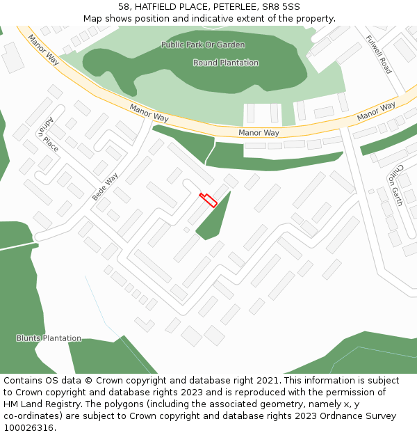 58, HATFIELD PLACE, PETERLEE, SR8 5SS: Location map and indicative extent of plot