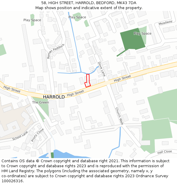 58, HIGH STREET, HARROLD, BEDFORD, MK43 7DA: Location map and indicative extent of plot