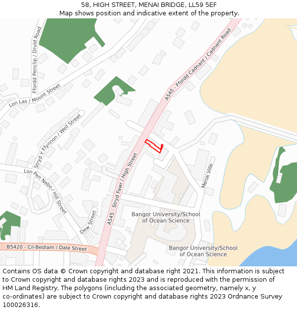 58, HIGH STREET, MENAI BRIDGE, LL59 5EF: Location map and indicative extent of plot