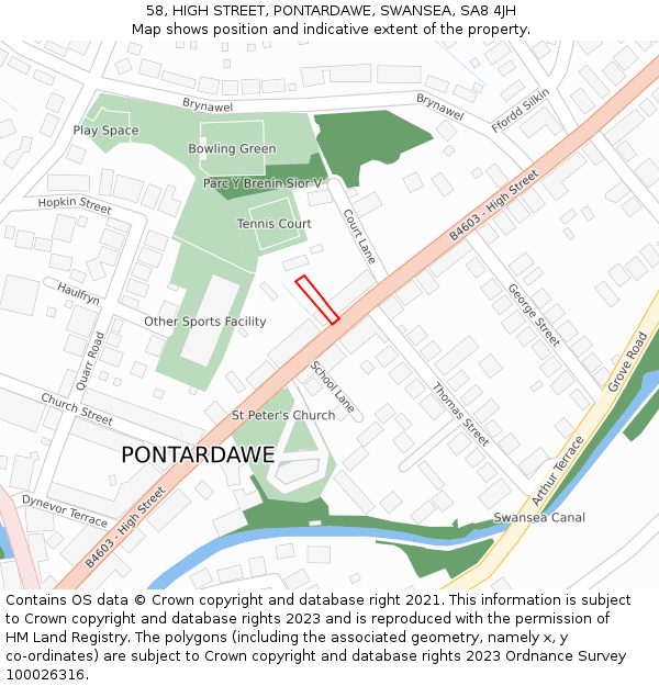 58, HIGH STREET, PONTARDAWE, SWANSEA, SA8 4JH: Location map and indicative extent of plot
