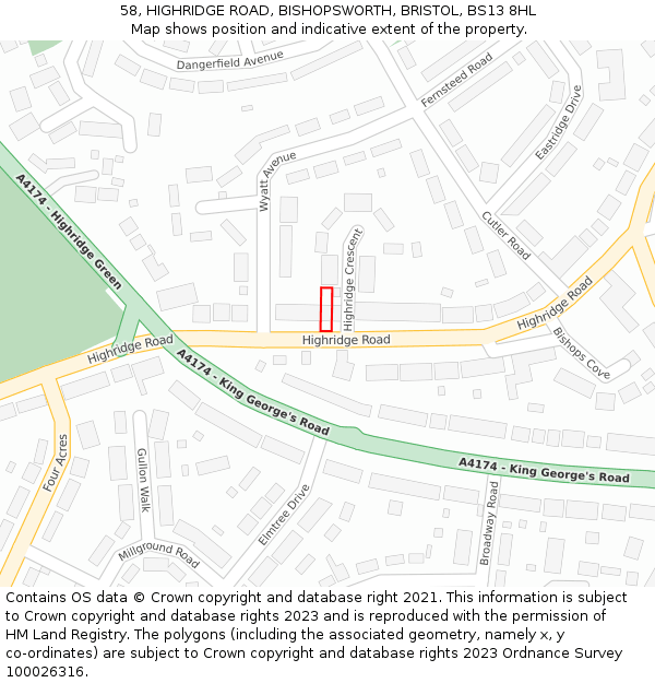 58, HIGHRIDGE ROAD, BISHOPSWORTH, BRISTOL, BS13 8HL: Location map and indicative extent of plot