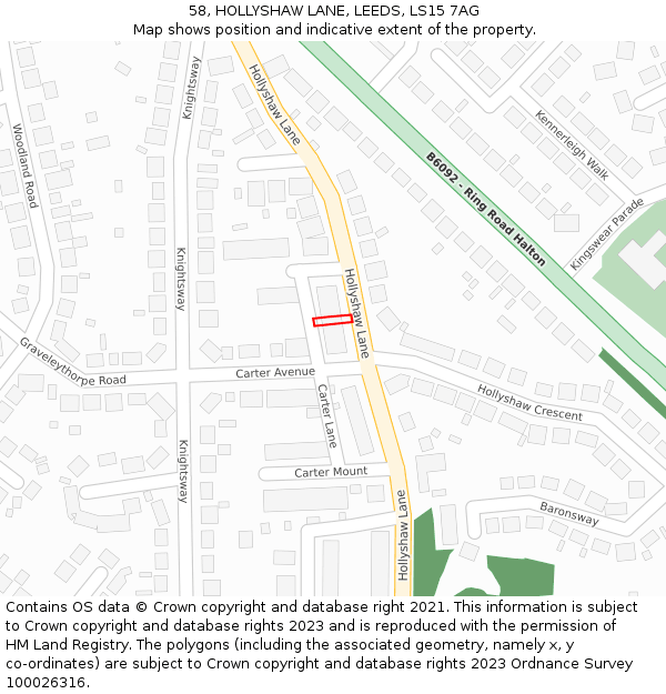 58, HOLLYSHAW LANE, LEEDS, LS15 7AG: Location map and indicative extent of plot