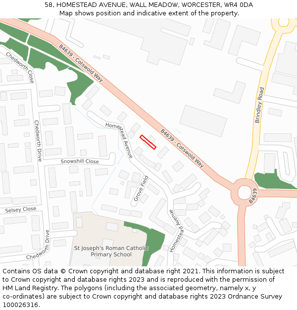 58, HOMESTEAD AVENUE, WALL MEADOW, WORCESTER, WR4 0DA: Location map and indicative extent of plot
