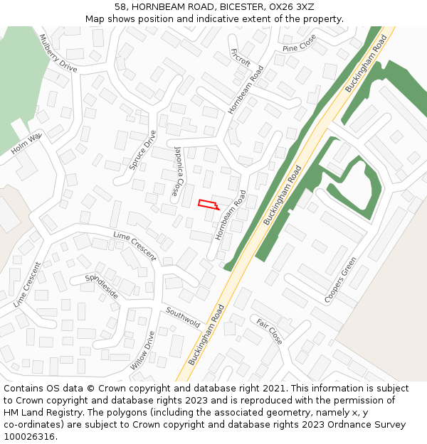 58, HORNBEAM ROAD, BICESTER, OX26 3XZ: Location map and indicative extent of plot