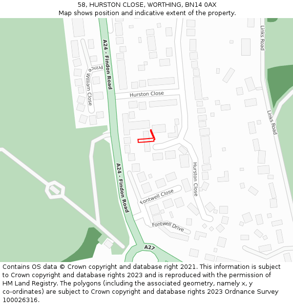 58, HURSTON CLOSE, WORTHING, BN14 0AX: Location map and indicative extent of plot