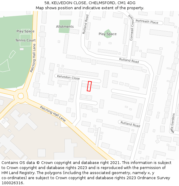 58, KELVEDON CLOSE, CHELMSFORD, CM1 4DG: Location map and indicative extent of plot
