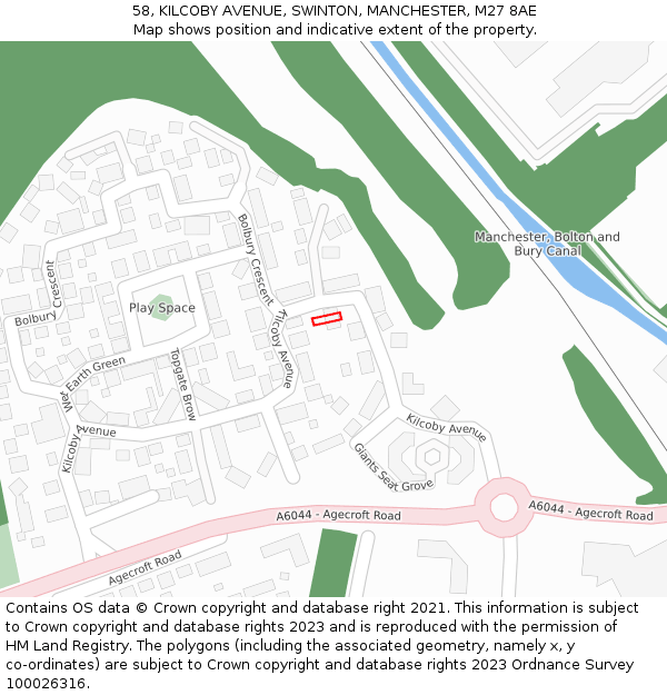 58, KILCOBY AVENUE, SWINTON, MANCHESTER, M27 8AE: Location map and indicative extent of plot