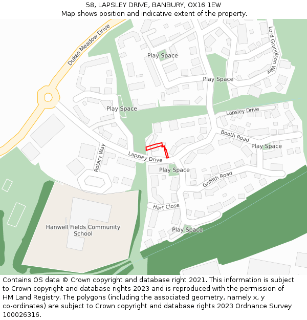 58, LAPSLEY DRIVE, BANBURY, OX16 1EW: Location map and indicative extent of plot