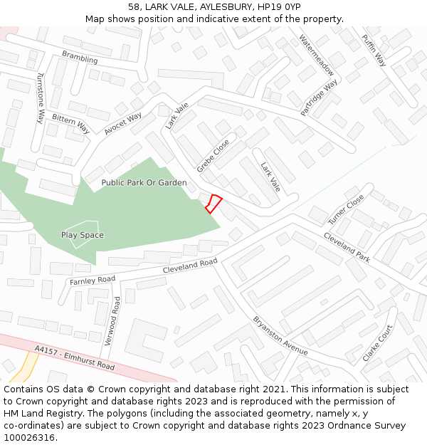 58, LARK VALE, AYLESBURY, HP19 0YP: Location map and indicative extent of plot