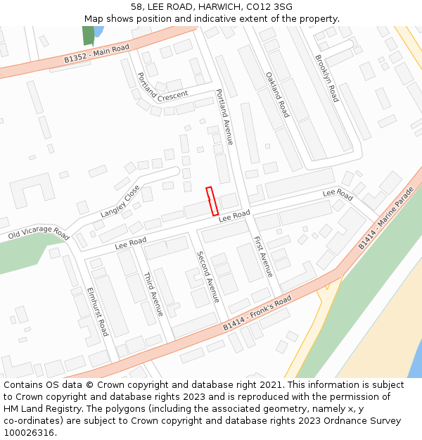 58, LEE ROAD, HARWICH, CO12 3SG: Location map and indicative extent of plot