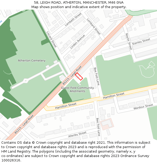 58, LEIGH ROAD, ATHERTON, MANCHESTER, M46 0NA: Location map and indicative extent of plot