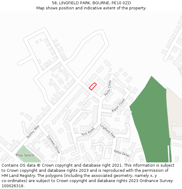 58, LINGFIELD PARK, BOURNE, PE10 0ZD: Location map and indicative extent of plot