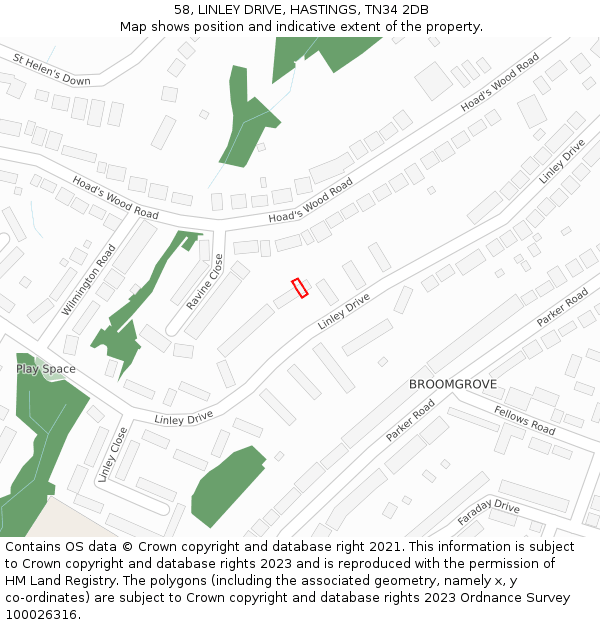 58, LINLEY DRIVE, HASTINGS, TN34 2DB: Location map and indicative extent of plot