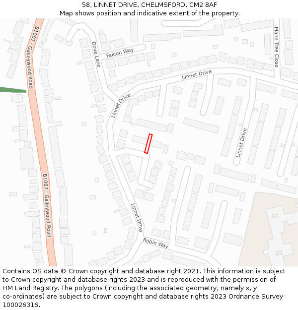 58, LINNET DRIVE, CHELMSFORD, CM2 8AF: Location map and indicative extent of plot