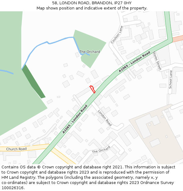 58, LONDON ROAD, BRANDON, IP27 0HY: Location map and indicative extent of plot