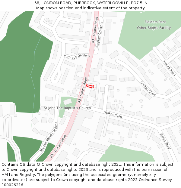 58, LONDON ROAD, PURBROOK, WATERLOOVILLE, PO7 5LN: Location map and indicative extent of plot