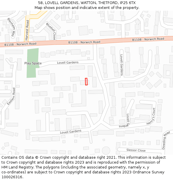 58, LOVELL GARDENS, WATTON, THETFORD, IP25 6TX: Location map and indicative extent of plot