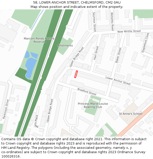 58, LOWER ANCHOR STREET, CHELMSFORD, CM2 0AU: Location map and indicative extent of plot