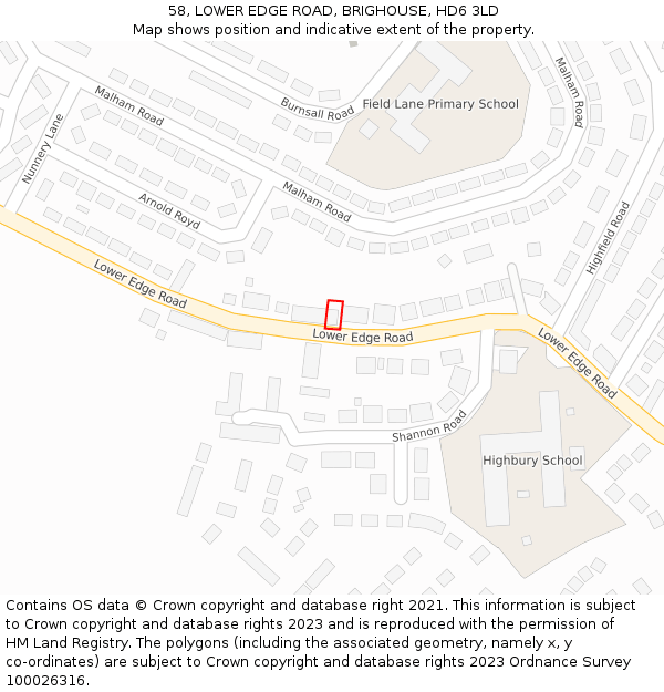 58, LOWER EDGE ROAD, BRIGHOUSE, HD6 3LD: Location map and indicative extent of plot
