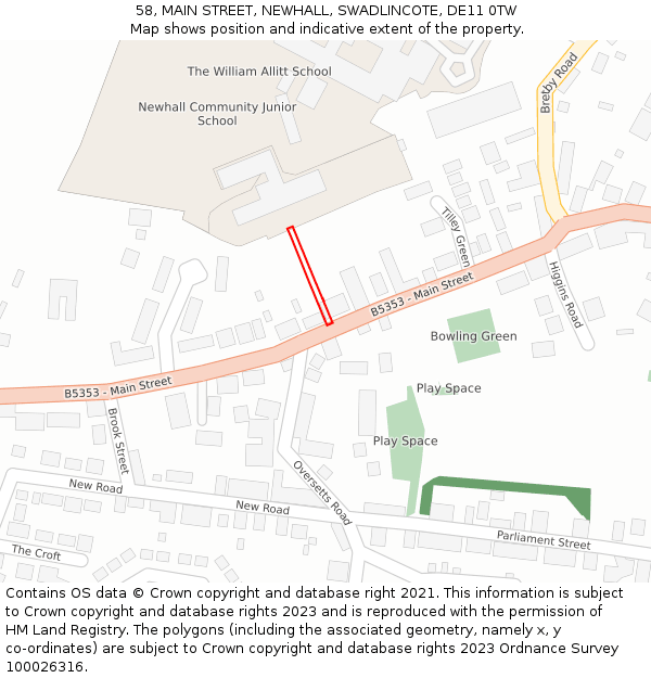 58, MAIN STREET, NEWHALL, SWADLINCOTE, DE11 0TW: Location map and indicative extent of plot