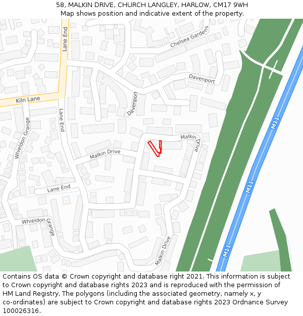 58, MALKIN DRIVE, CHURCH LANGLEY, HARLOW, CM17 9WH: Location map and indicative extent of plot