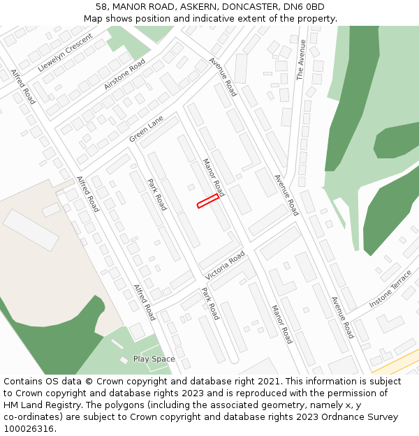 58, MANOR ROAD, ASKERN, DONCASTER, DN6 0BD: Location map and indicative extent of plot