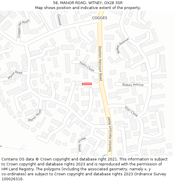 58, MANOR ROAD, WITNEY, OX28 3SR: Location map and indicative extent of plot