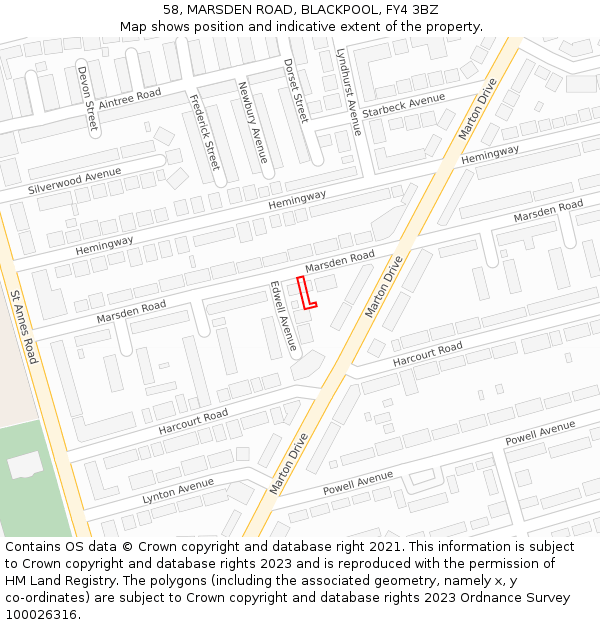 58, MARSDEN ROAD, BLACKPOOL, FY4 3BZ: Location map and indicative extent of plot