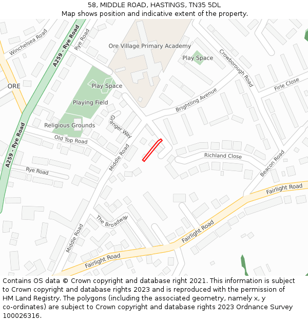 58, MIDDLE ROAD, HASTINGS, TN35 5DL: Location map and indicative extent of plot