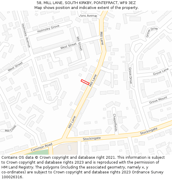 58, MILL LANE, SOUTH KIRKBY, PONTEFRACT, WF9 3EZ: Location map and indicative extent of plot