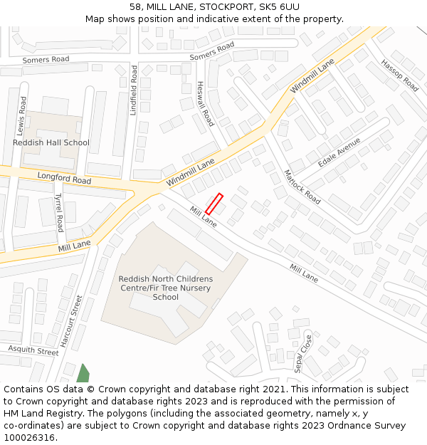 58, MILL LANE, STOCKPORT, SK5 6UU: Location map and indicative extent of plot